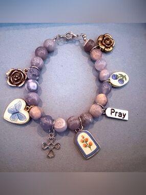 Lavender Bead Charm Bracelet with Floral and 'Pray' Accents